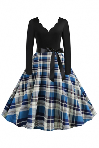 Tartan Printed Patchwork Bow Tie Waist Long Sleeve Scalloped V-Neck Mid Pleated Flared Vintage Dress for Ladies