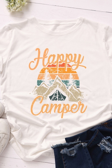 Trendy Girls Rolled Short Sleeve Crew Neck Letter HAPPY CAMPER Cartoon Mountain Graphic Fitted T Shirt