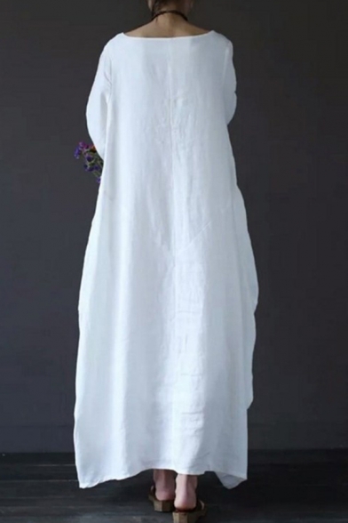 Vintage Solid Color Roll Up Sleeve Round Neck Linen and Cotton Maxi Oversize Dress for Women