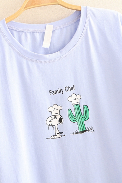 Exclusive Short Sleeve Round Neck Letter FAMILY CHEF Cartoon Dog Cactus Graphic Relaxed T Shirt for Women
