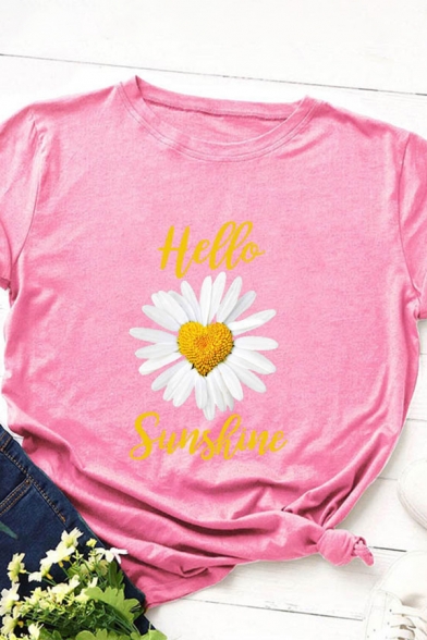Fancy Girls Roll Up Sleeve Crew Neck Letter HELLO SUNSHINE Daisy Graphic Loose Fit T Shirt