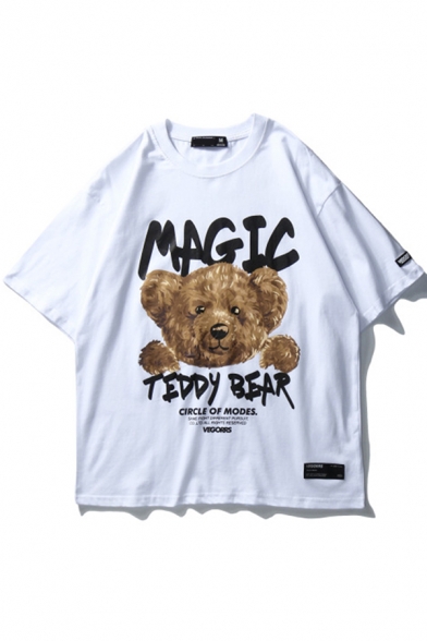 Fashionable Mens Short Sleeve Crew Neck Letter MAGIC Bear Graphic Loose Fit T Shirt