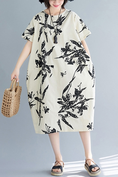 Girls Retro Short Sleeve Round Neck All Over Leaf Printed Linen and Cotton Midi Oversize Dress in Beige