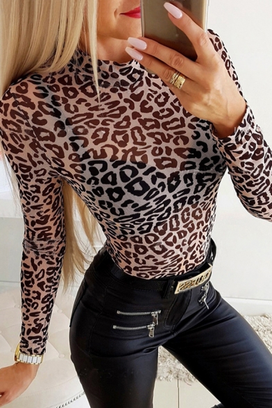 New Stylish Womens Brown Long Sleeve Mock Neck Leopard Printed Semi-Sheer Mesh Fitted T Shirt