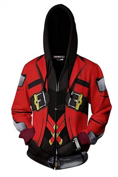 Popular Game Long Sleeve Drawstring Zip Up Buckle Straps Geo 3D Cosplay Print Color Block Relaxed Hoodie in Red