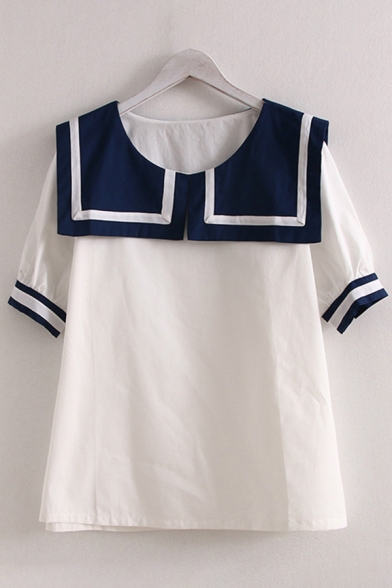 Preppy Girls Striped Short Sleeve Sailor Collar Contrasted Regular Fitted Blouse Top