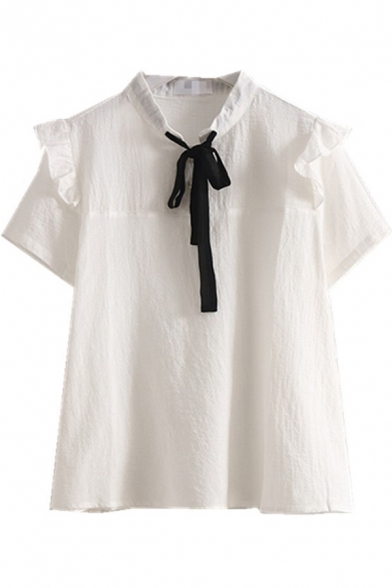 Preppy Looks White Short Sleeve Bow Tie Neck Ruffled Trim Relaxed Shirt Top for Ladies