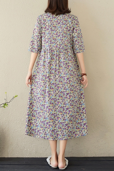 Pretty Ladies Half Sleeves V-Neck Ditsy Floral Print Linen Midi Swing Dress