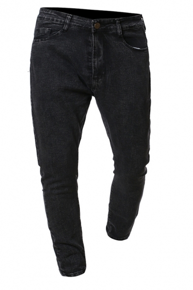 Streetwear Boys Mid Rise Solid Color Dropped Insteam Ankle Relaxed Fit Jeans in Black