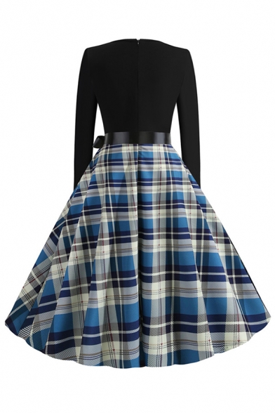 Tartan Printed Patchwork Bow Tie Waist Long Sleeve Scalloped V-Neck Mid Pleated Flared Vintage Dress for Ladies