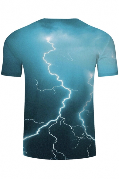 Blue Chic Short Sleeve Crew Neck Galaxy Lightning Hands 3D Printed Fitted Tee Top in Blue