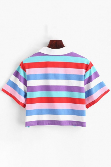 Chic Girls Short Sleeve Point Collar Button Up Colorful Striped Print Fit Crop Polo Shirt