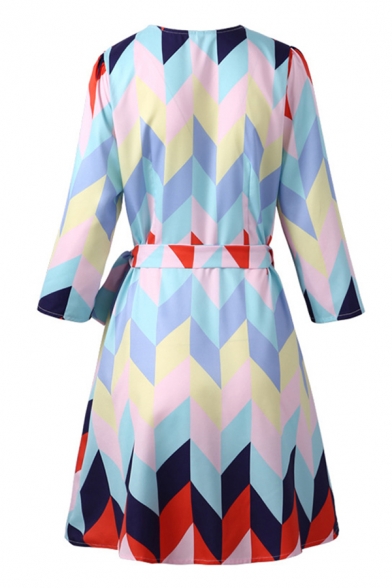 Chic Street Womens Bell Sleeve Surplice Neck Colorful Geo Pattern Bow Tie Waist Mini Wrap Dress in Blue