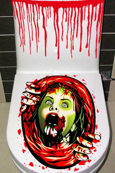 Cool Horrific Halloween Cartoon Creepy Woman Blook Pattern Toilet Seat Decal in Red