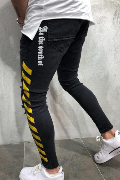 Cool Mens Mid Rise Letter Print Stripe Print Ripped Bleach Ankle Skinny Jeans in Black