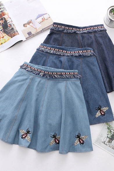 Cute Fashion Girls Elastic Waist Bee Embroidered Tassel Decoration Mini Pleated A-Line Skirt