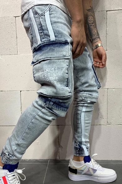 Popular Cool Boys Mid Rise Flap Pockets Ripped Striped Cuffed Relaxed Jeans (Pictures for Reference)