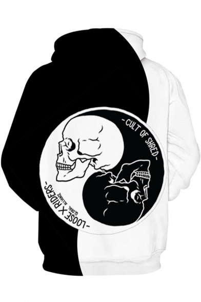 Popular Cool Guys Long Sleeve Drawstring Yin Yang Skull 3D Printed Color Block Pouch Pocket Relaxed Black and White Hoodie