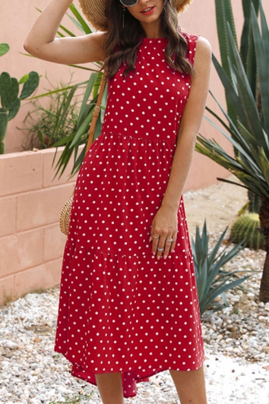 Pretty Girls Sleeveless Round Neck Polka Dot Print Ruffled Trim Maxi Pleated A-Line Dress