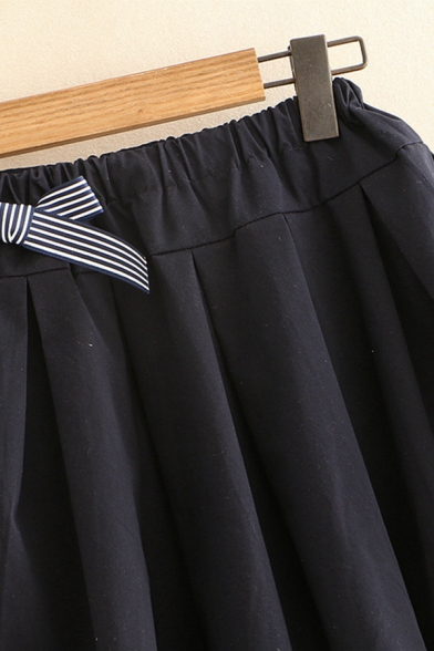 Pretty Ladies Elastic Waist Bow Tie Cartoon Patchwork Mini Pleated A-Line Skirt