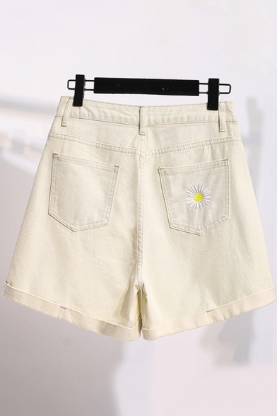 Casual Womens High Rise Daisy Floral Embroidered Rolled Cuffs Relaxed Shorts