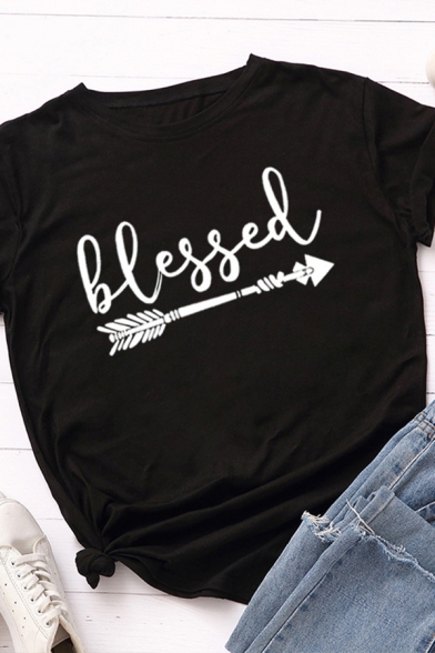 Chic Womens Rolled Short Sleeve Crew Neck Letter BLESSED Arrow Graphic Slim Fitted T Shirt