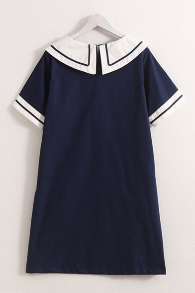 Fashion Womens Short Sleeve Sailor Collar Contrast Piped Linen Midi A-Line Dress in Navy