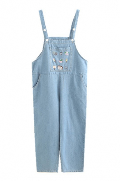 Fashion Womens Sleeveless Cartoon Embroidered Button Detail Ankle Relaxed Suspender Jeans