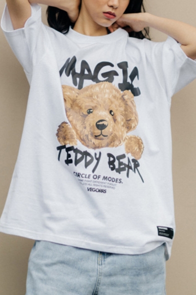Fashionable Mens Short Sleeve Crew Neck Letter MAGIC Bear Graphic Loose Fit T Shirt
