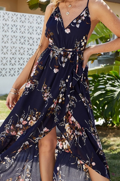 Gorgeous Womens Sleeveless V-Neck All Over Floral Printed Bow Tie Waist Long Wrap Flowy Cami Vacation Dress
