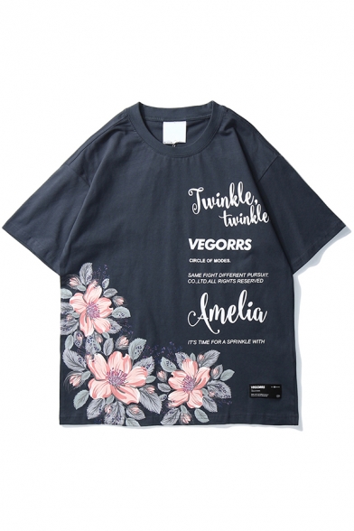 Korean Boys Short Sleeve Crew Neck Letter AMELIA Flower Graphic Oversize Tee Top