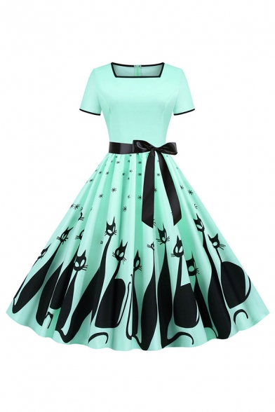 Ladies Cat Snow Printed Bow Tie Waist Short Sleeve Square Neck Contrasted Audrey Hepburn Midi Pleated Flared Dress