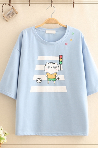 Lovely Girls Three-Quarter Sleeves Round Neck Embroidered Funny Cat Zebra Crossing Pattern Loose T Shirt