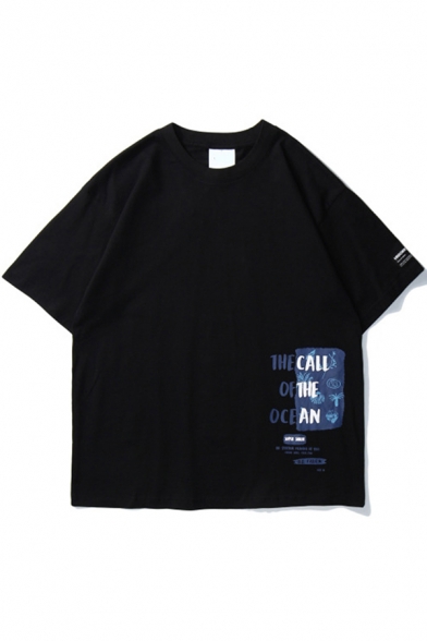 Popular Guys Short Sleeve Crew Neck Letter THE CALL OF THE OCEAN Floral Graphic Color Block Loose T Shirt