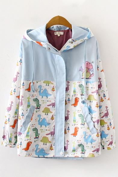 

Popular Womens Long Sleeve Hooded Zipper Front Drawstring Cartoon Dinosaur Pattern Colorblock Relaxed Fit Jacket, Green;orange;light blue, LM616646