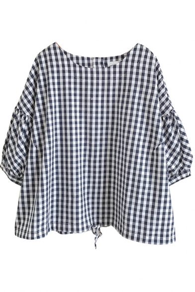 Popular Womens Three-Quarter Sleeve Round Neck Checker Print Drawstring Hem Loose Shirt in Navy