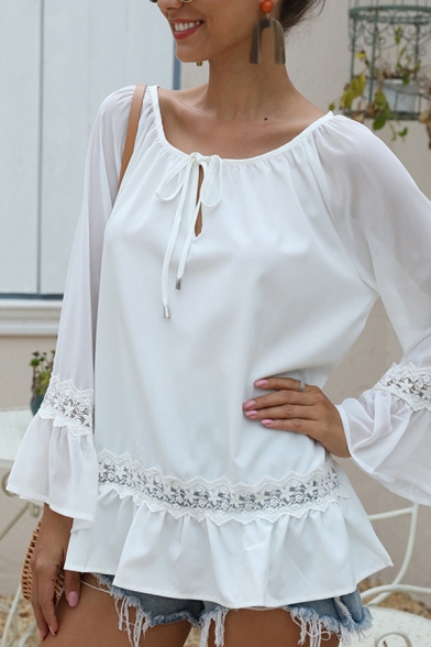 Trendy Ladies Long Sleeve Round Neck Tied Front Lace Trim Ruffled Loose Fit White Blouse
