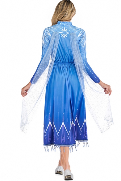 Amazing Girls Blue Long Sleeve Crew Neck Ice Pattern Fringe Trim Long Pleated A-Line Dress