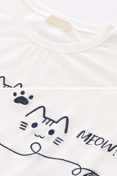 Casual Three-Quarter Sleeve Round Neck Lace Up Cartoon Cat Graphic Colorblock Relaxed Tee Top