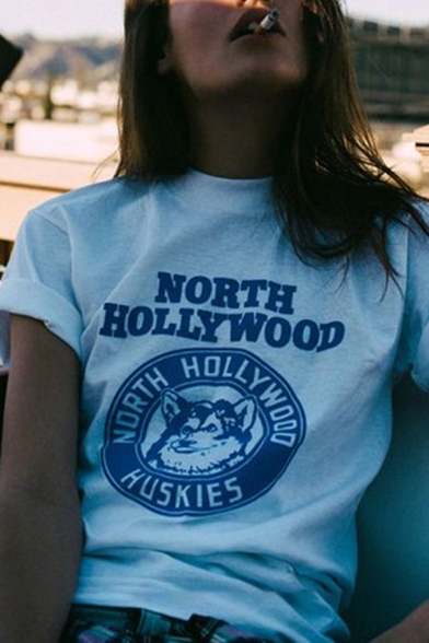 Cool Street Girls Roll Up Sleeve Crew Neck Letter NORTH HOLLYWOOD Huskie Graphic Relaxed T Shirt