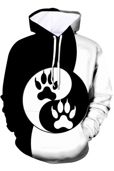 Designer Boys Long Sleeve Drawstring 3D Yin Yang Cat Paw Cartoon Print Colorblock Loose Hoodie in Black and White