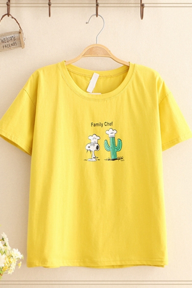 Exclusive Short Sleeve Round Neck Letter FAMILY CHEF Cartoon Dog Cactus Graphic Relaxed T Shirt for Women