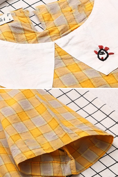 Fashionable Fish Embroidered Peter Pan Collar Short Sleeve Plaid Printed Ruffled Hem Midi A-Line T-Shirt Dress for Girls