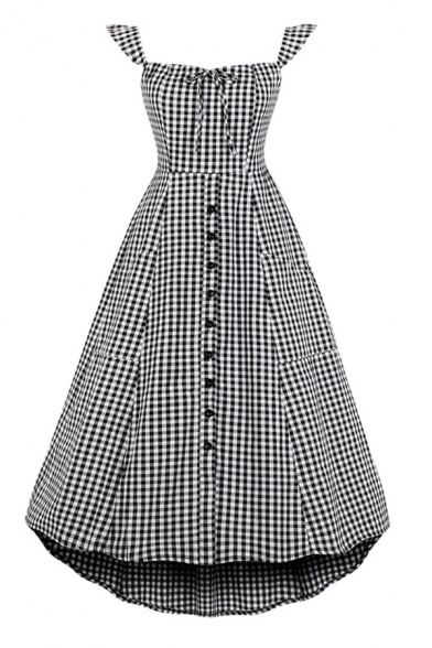 Gray Checkered Printed Off the Shoulder Bow Tie Front Pintuck Back Button down High Low Hem Pretty Midi A-Line Dress for Girls