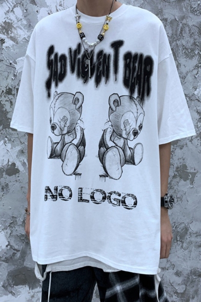Guys Graffiti Letter Sad Violent Bear Creepy Bear Graphic Half Sleeves Crew Neck Loose Tee