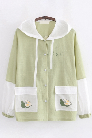 Popular Sun Protection Japanese Letter Avocado Graphic Long Sleeve Hooded Button up Drawstring Contrasted Flap Pockets Loose Jacket