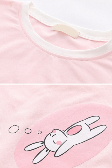 Pretty Girls Short Sleeve Round Neck Rabbit Printed Contrast Piped Ruffled Relaxed T Shirt