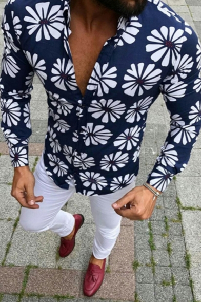 Fancy Mens Long Sleeve Lapel Neck Button Down All Over Floral Pattern Slim Fitted Shirt