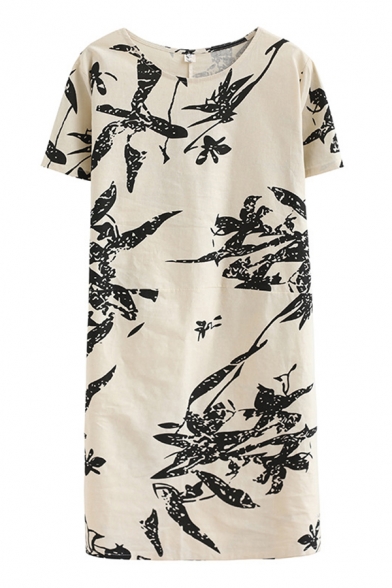 Girls Retro Short Sleeve Round Neck All Over Leaf Printed Linen and Cotton Midi Oversize Dress in Beige