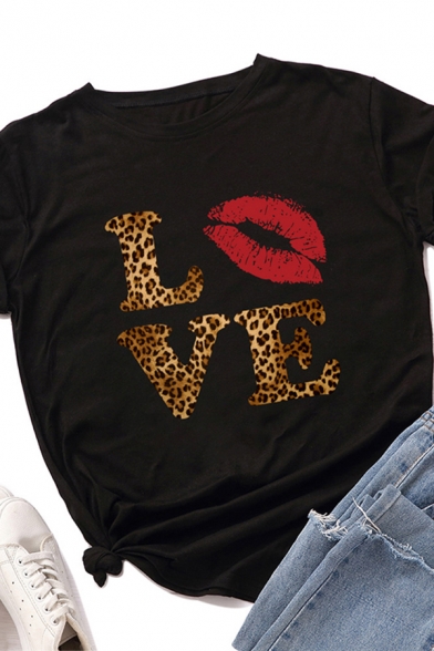 Leisure Womens Roll Up Sleeve Crew Neck Letter LOVE Leopard Lip Graphic Slim Fitted T-Shirt